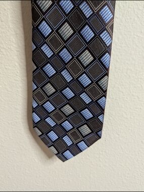 Paul Dione 100% Silk Tie | Brown & Blue Diamond Grid